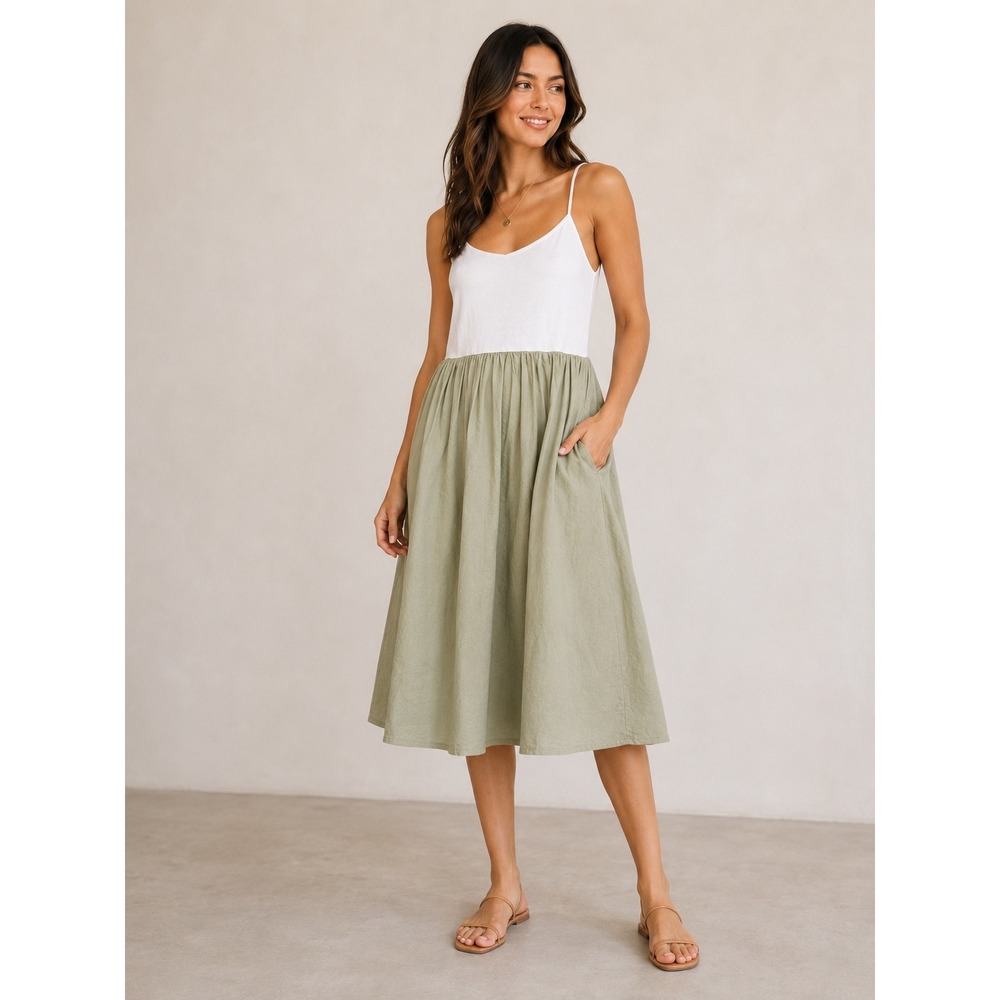 Theory Faymon Crunch Linen Blend Midi Dress White Sage Green 62% linen